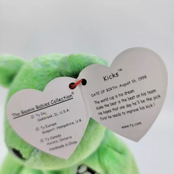 *KICKS Soccer Bear, TY Beanie Babies, Soccer ball emblem, tag errors, Vintage - Picture 5 of 8